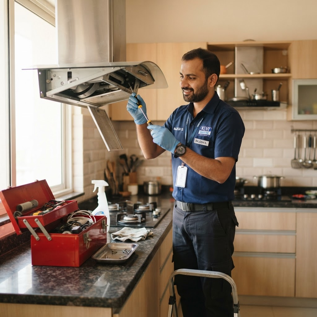 Technician repairing a stainless steel kitchen chimney